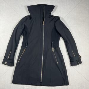 Michael Kors Womens Coat Black Gold Trim Zip Belted Long Jacket Size Small
